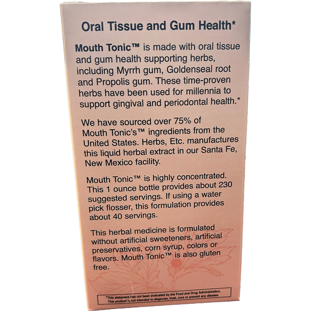 HE108 | product infographic panel titled Oral Tissue and Gum Health describing Mouth Tonic ingredients, sourcing, concentration and usage - Thumbnail
