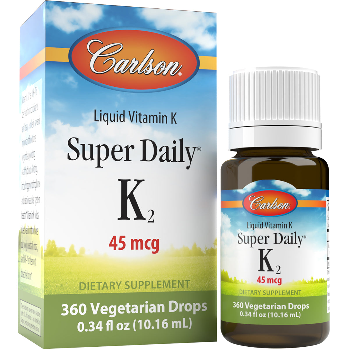 CSN265 | Carlson Liquid Vitamin K Super Daily K2 45 mcg bottle and box, 360 vegetarian drops 0.34 fl oz