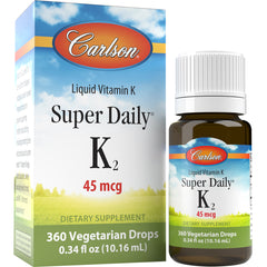 CSN265 | Carlson Liquid Vitamin K Super Daily K2 45 mcg bottle and box, 360 vegetarian drops 0.34 fl oz