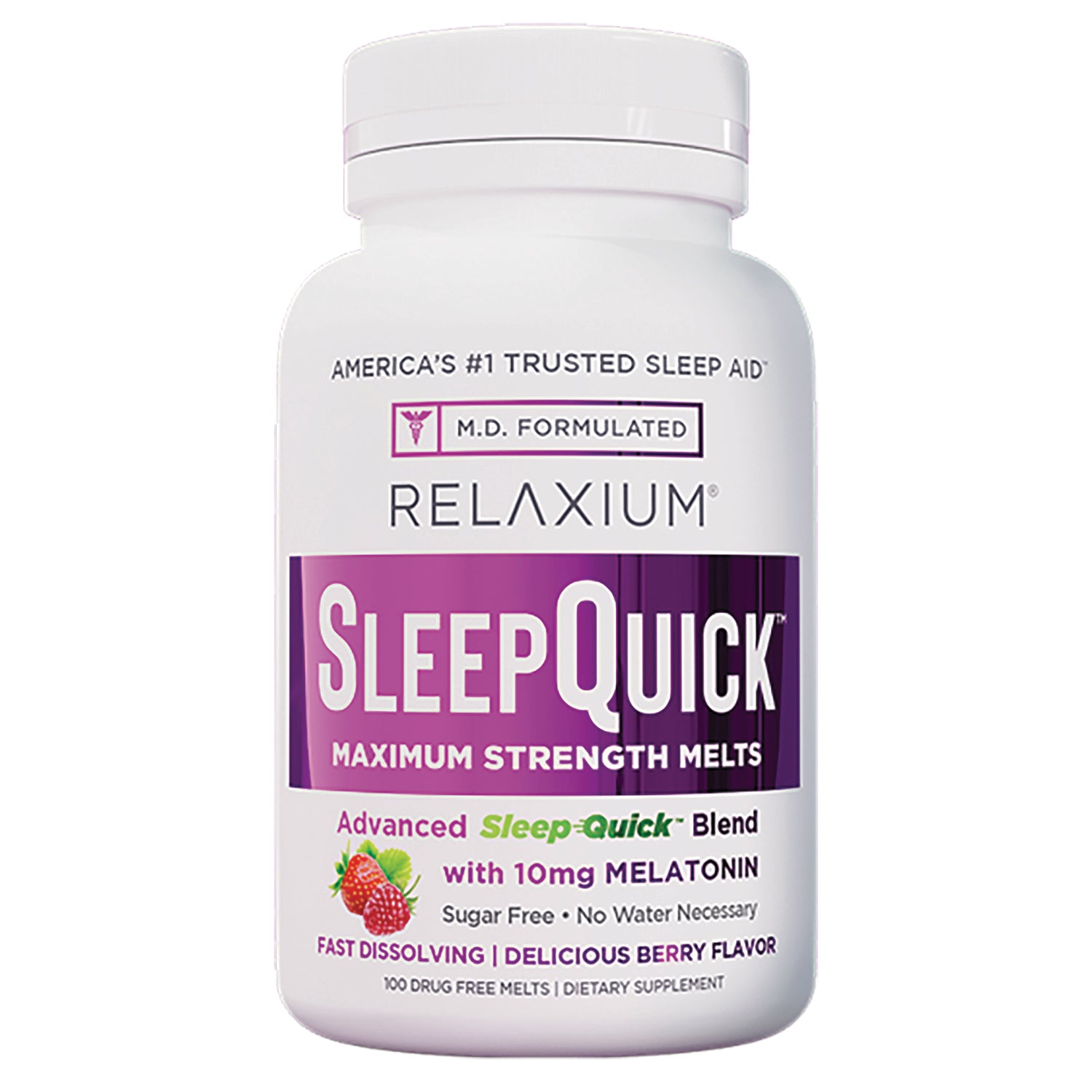 REL002 | Relaxium SleepQuick maximum strength melts bottle labeled with 10mg melatonin berry flavor