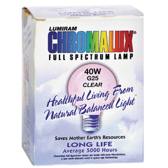 CB004 | Lumiram CHROMALUX full spectrum lamp box front showing 40W G25 clear bulb and slogan Healthful Living From Natural Balanced Light