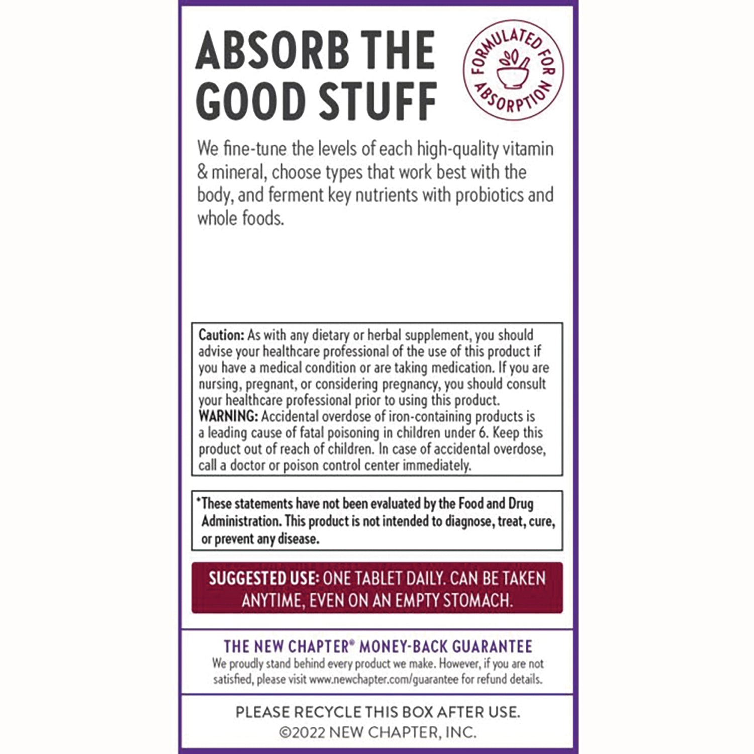 NWC365 | Back panel reading ABSORB THE GOOD STUFF with caution, suggested use, guarantee, and recycling instructions