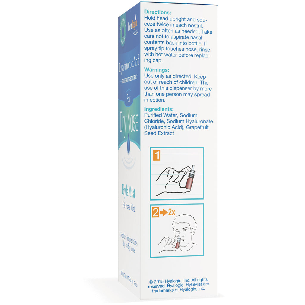 HYL012 | Back of nasal spray box with directions, warnings, ingredients and two illustrated usage steps - Thumbnail
