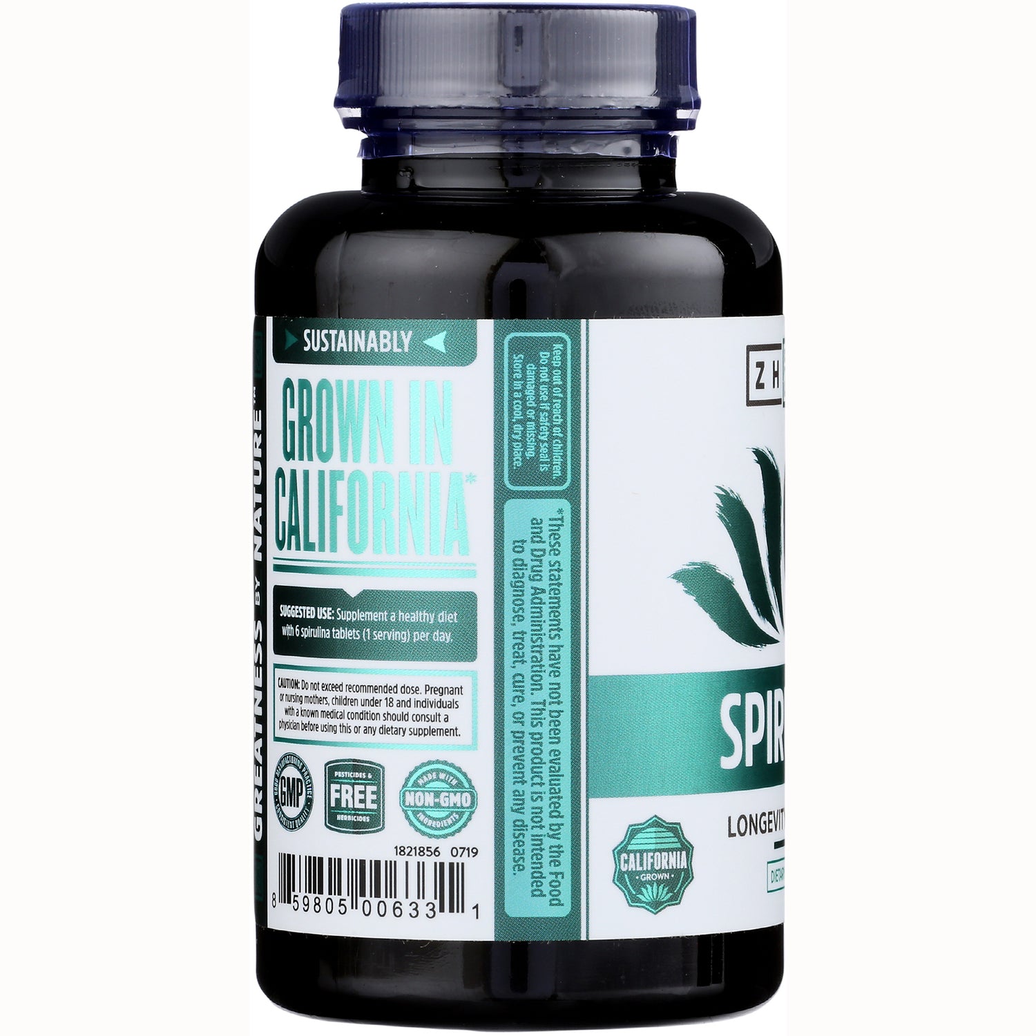 ZOU040 | Supplement bottle back label with text 'Sustainably Grown in California', barcode, and certification icons
