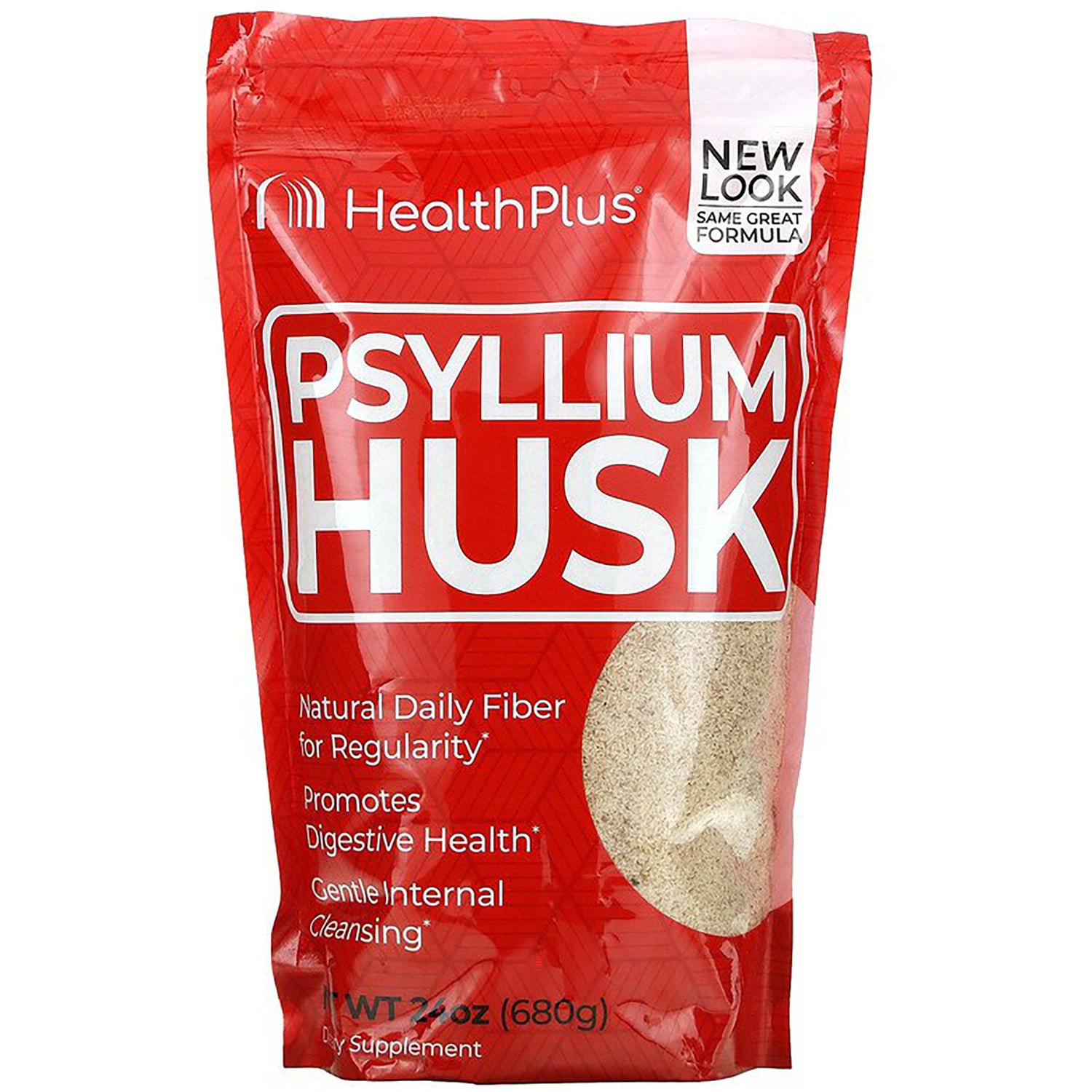 HP018 | Red HealthPlus pouch labeled PSYLLIUM HUSK with clear window showing psyllium powder, 24 oz