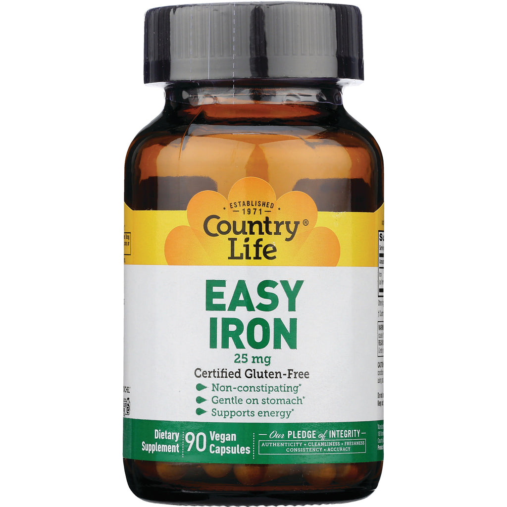 CRL340 | Country Life EASY IRON 25 mg supplement bottle, front label showing 90 vegan capsules - Thumbnail