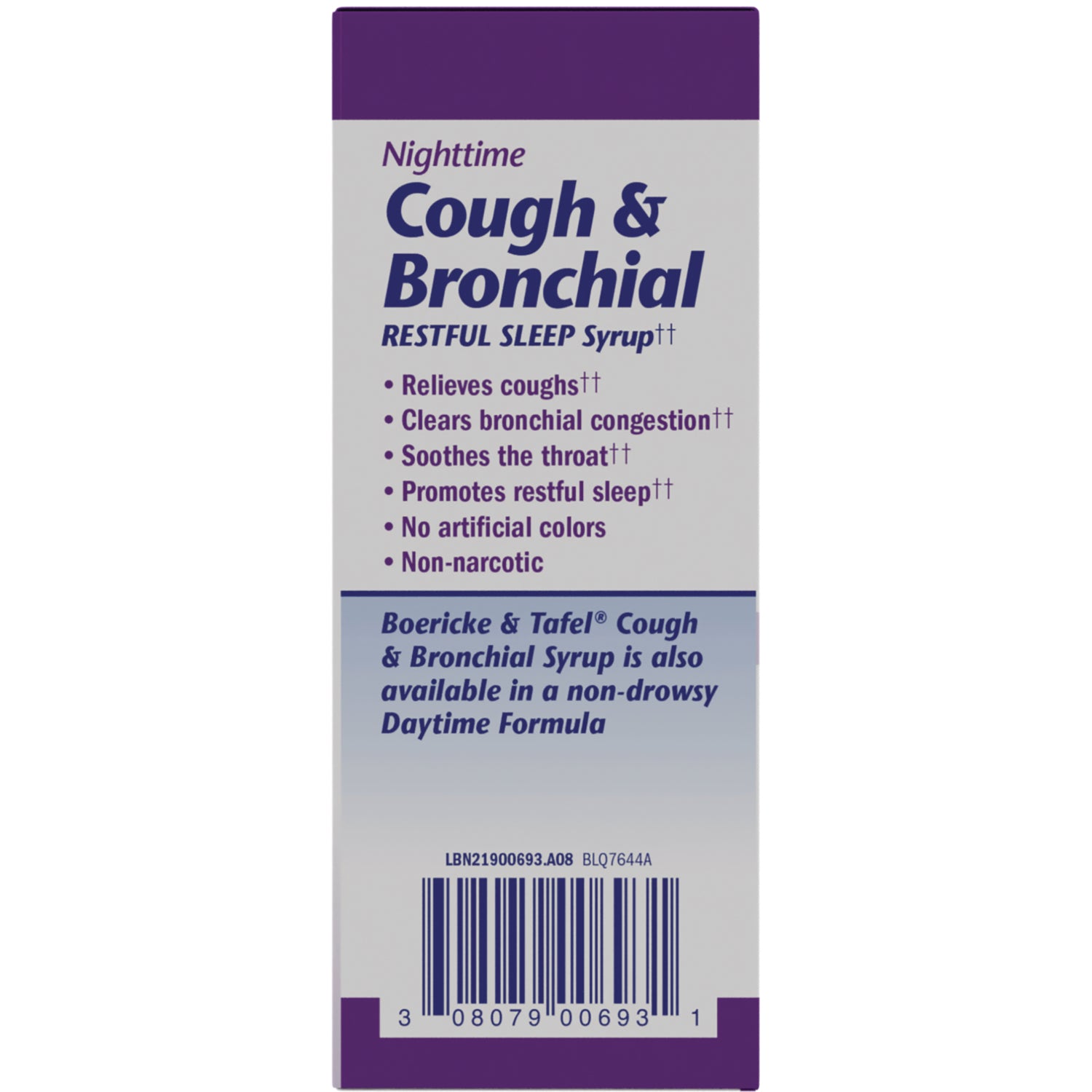 BRK009 | Product infographic panel listing Nighttime Cough & Bronchial Restful Sleep Syrup benefits, features and barcode