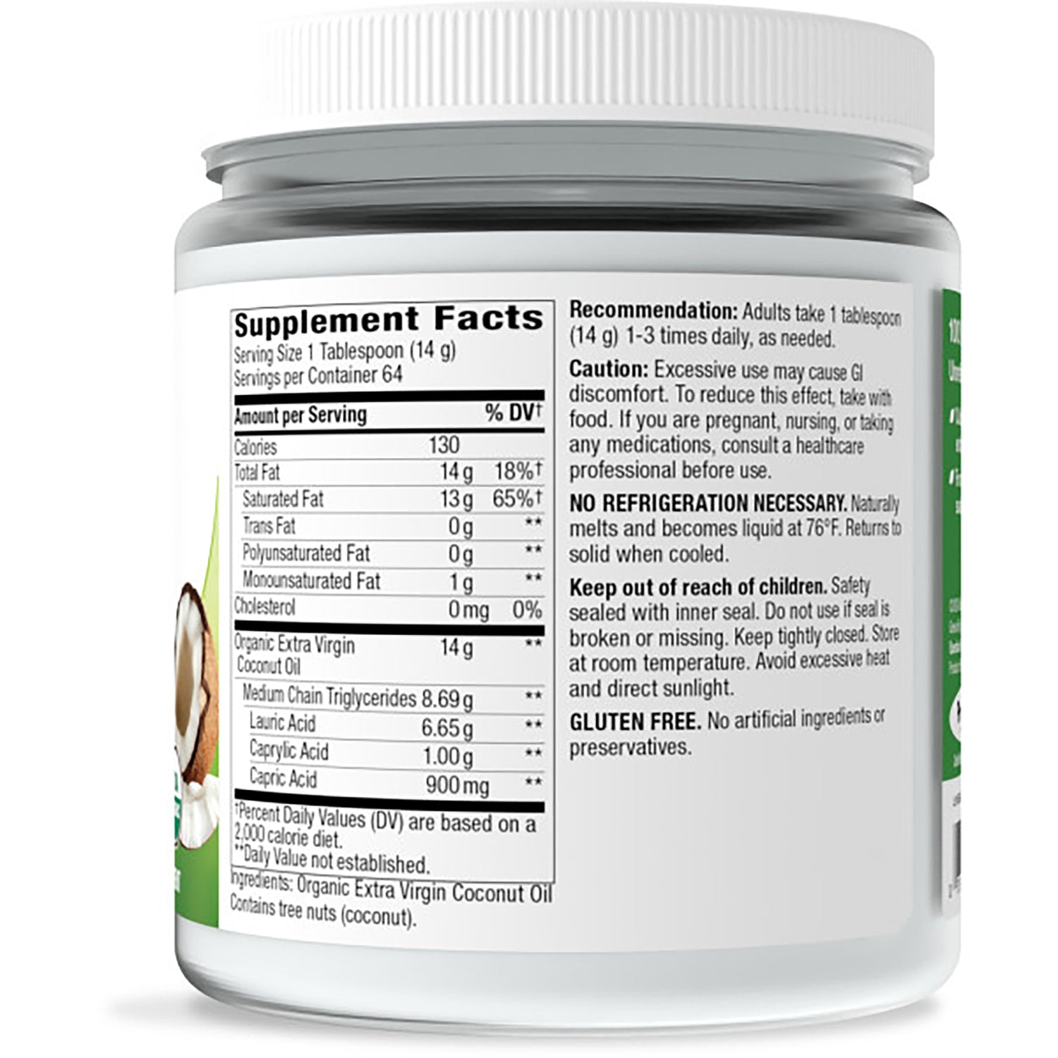 NW726 | jar back showing Supplement Facts panel and ingredients for organic extra virgin coconut oil