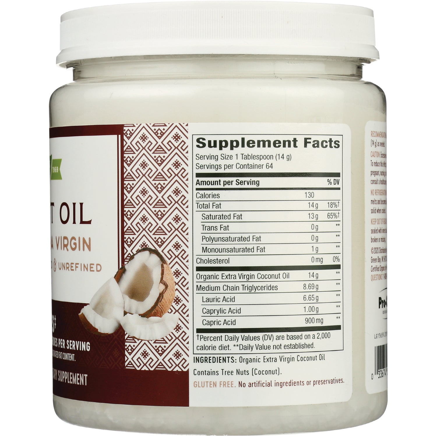 NW726 | jar back showing Supplement Facts panel and ingredients for organic extra virgin coconut oil