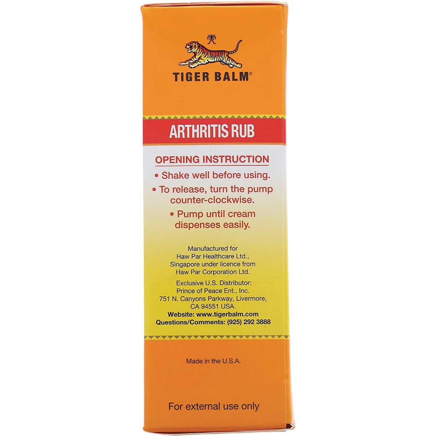 PPC005 | Tiger Balm Arthritis Rub box back showing opening instructions and manufacturer details
