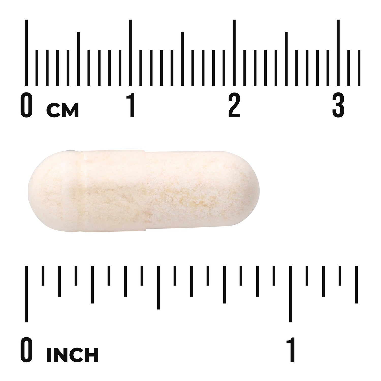 SWA030 | White capsule shown next to cm and inch rulers for size reference