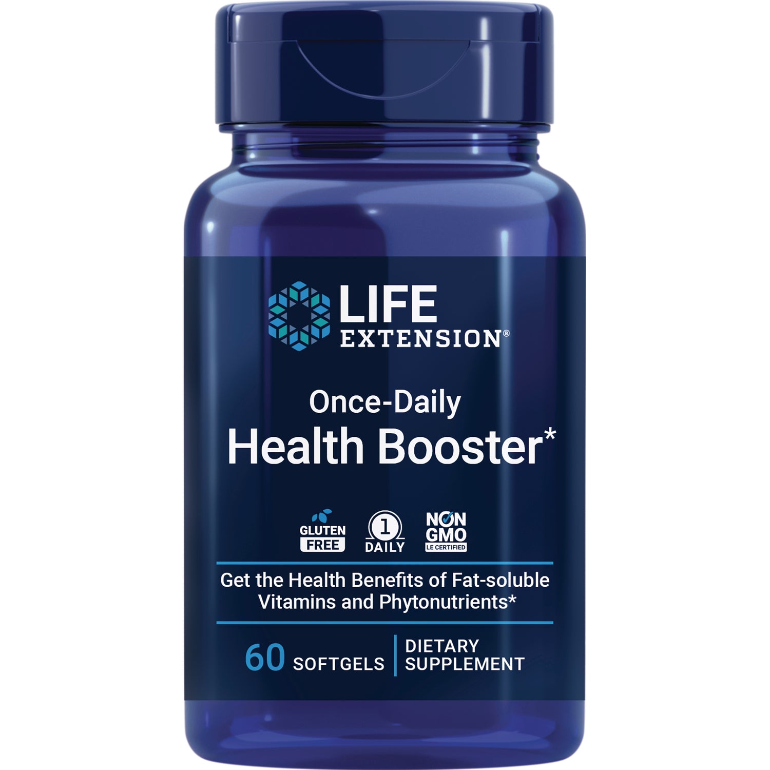 LE482 | Life Extension Once-Daily Health Booster bottle, 60 softgels, dietary supplement, blue label, gluten free non-GMO