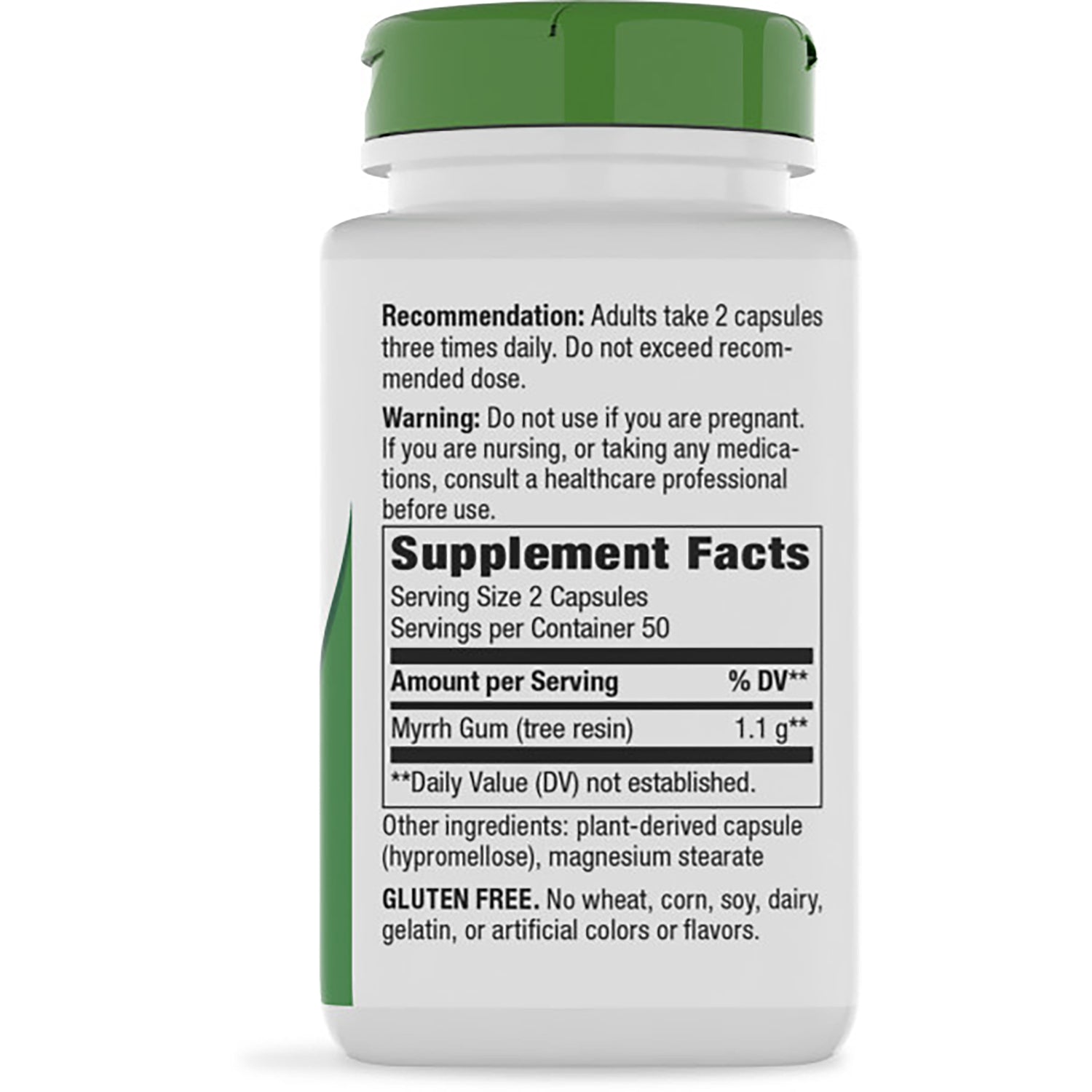 NW156 | back label showing Supplement Facts panel, warnings and usage directions on dark bottle with green cap