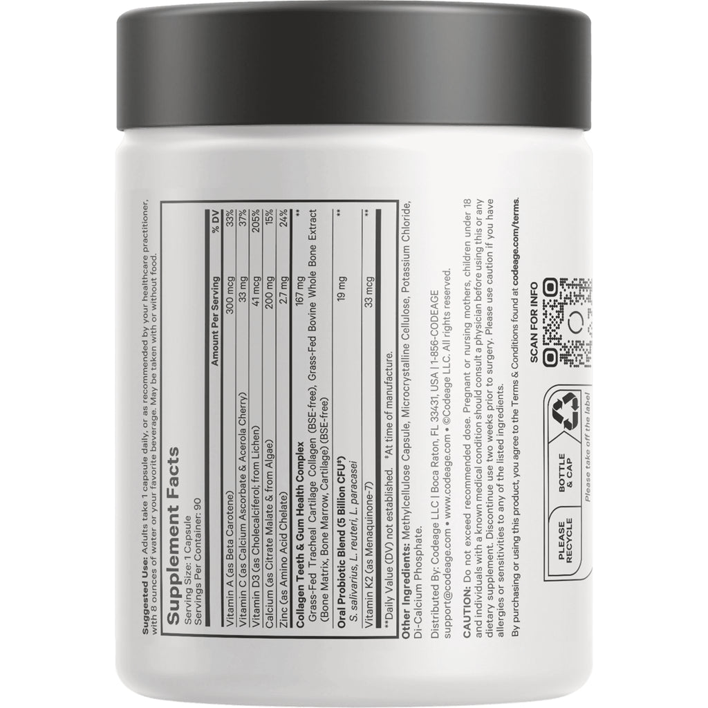 Supplement Facts panel on back of white supplement jar showing nutrition facts, ingredient list, QR code and recycling icons - Thumbnail