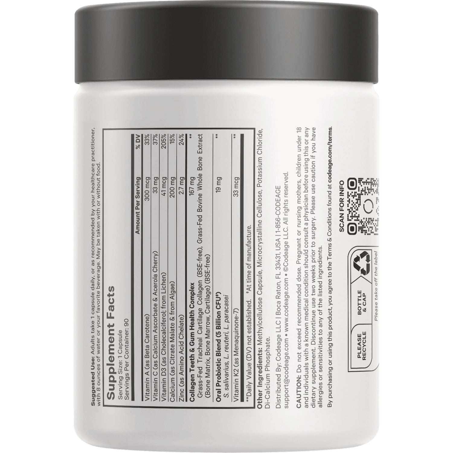 Supplement Facts panel on back of white supplement jar showing nutrition facts, ingredient list, QR code and recycling icons