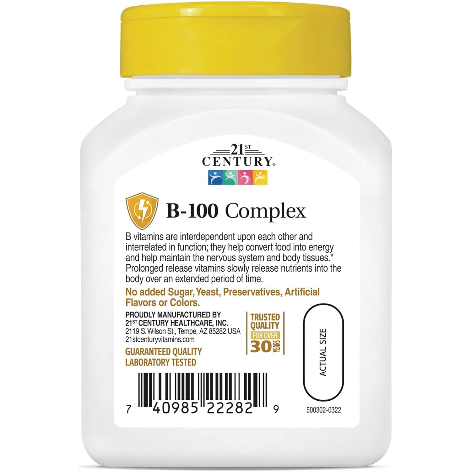CNT164 | product infographic label for 21st Century B-100 Complex supplement showing claims, barcode, and actual size oval