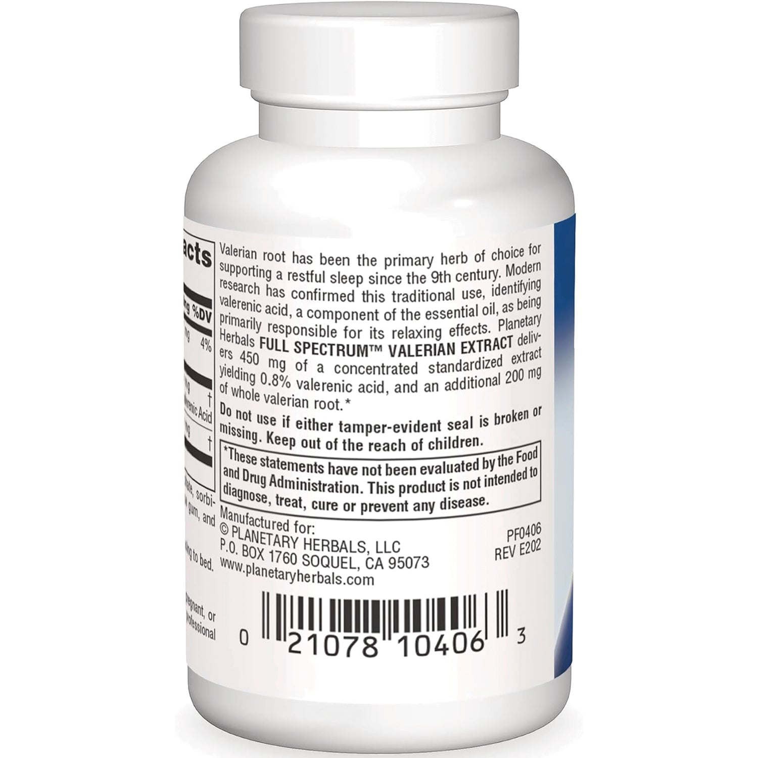 PF176 | Back label of white supplement bottle showing product description, warnings, manufacturer info and barcode