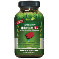 IR300 | Irwin Naturals Libido-Max RED bottle front showing Turbo-Energy label and 72 liquid soft-gels