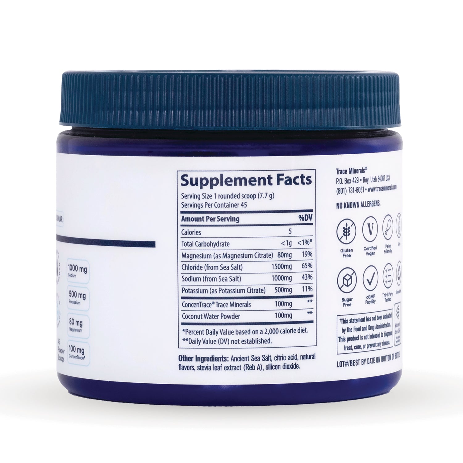 TM169 | Back label with Supplement Facts, ingredients, and certification icons