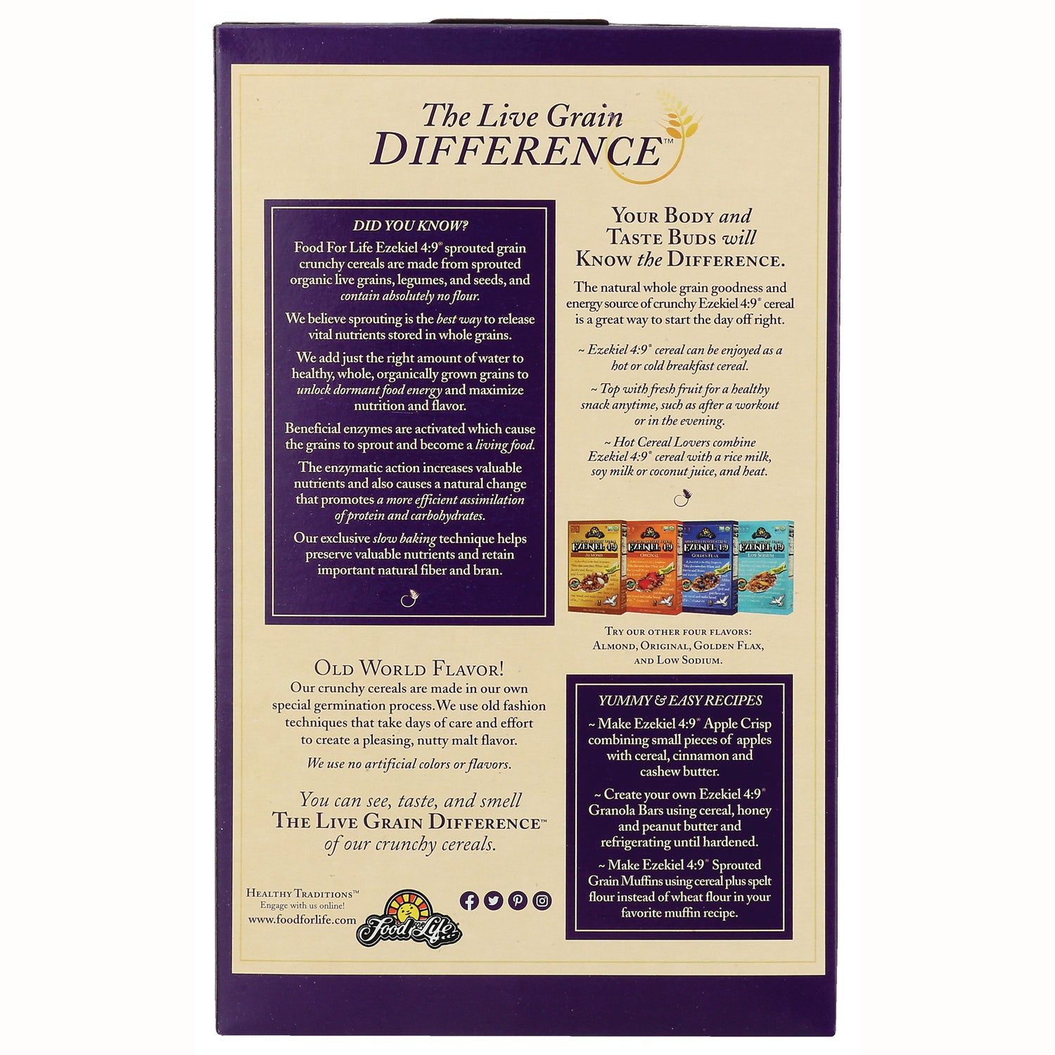 FFL002 | back of cereal box showing The Live Grain Difference header, product information, recipes, and small product images