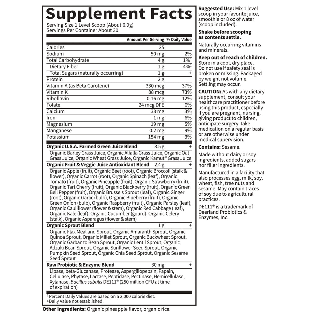 GLF048 | Supplement Facts panel showing serving size, nutrient amounts, organic blends, suggested use and cautions - Thumbnail