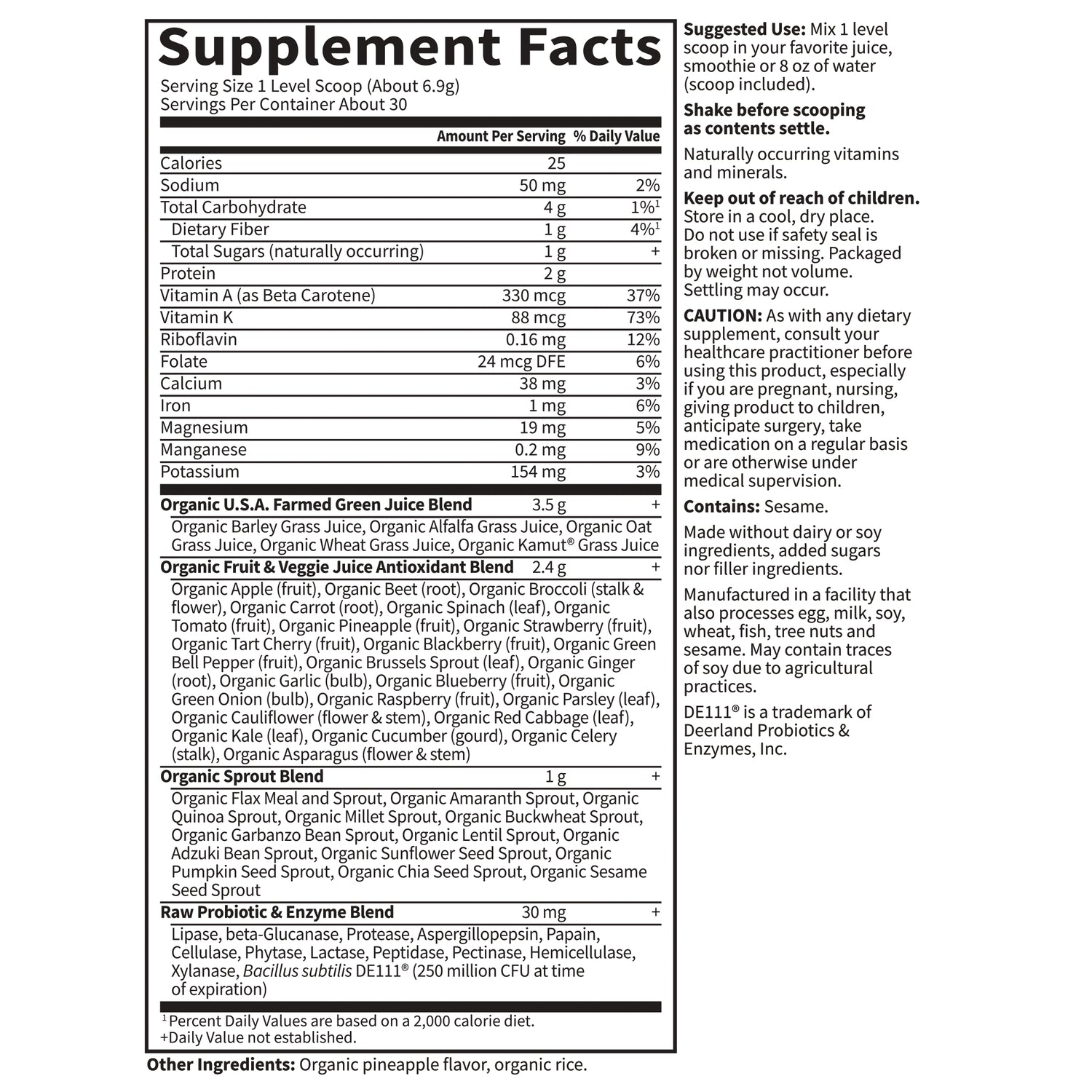 GLF048 | Supplement Facts panel showing serving size, nutrient amounts, organic blends, suggested use and cautions
