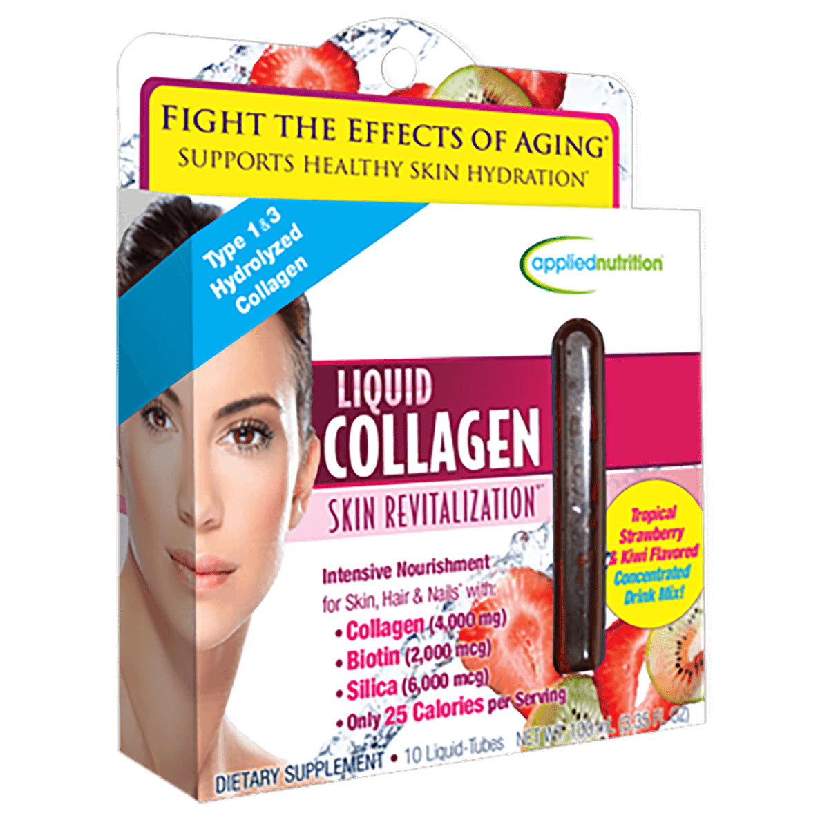 APT001 | Liquid Collagen skin revitalization box showing product tube and split-face image, tropical strawberry kiwi flavor