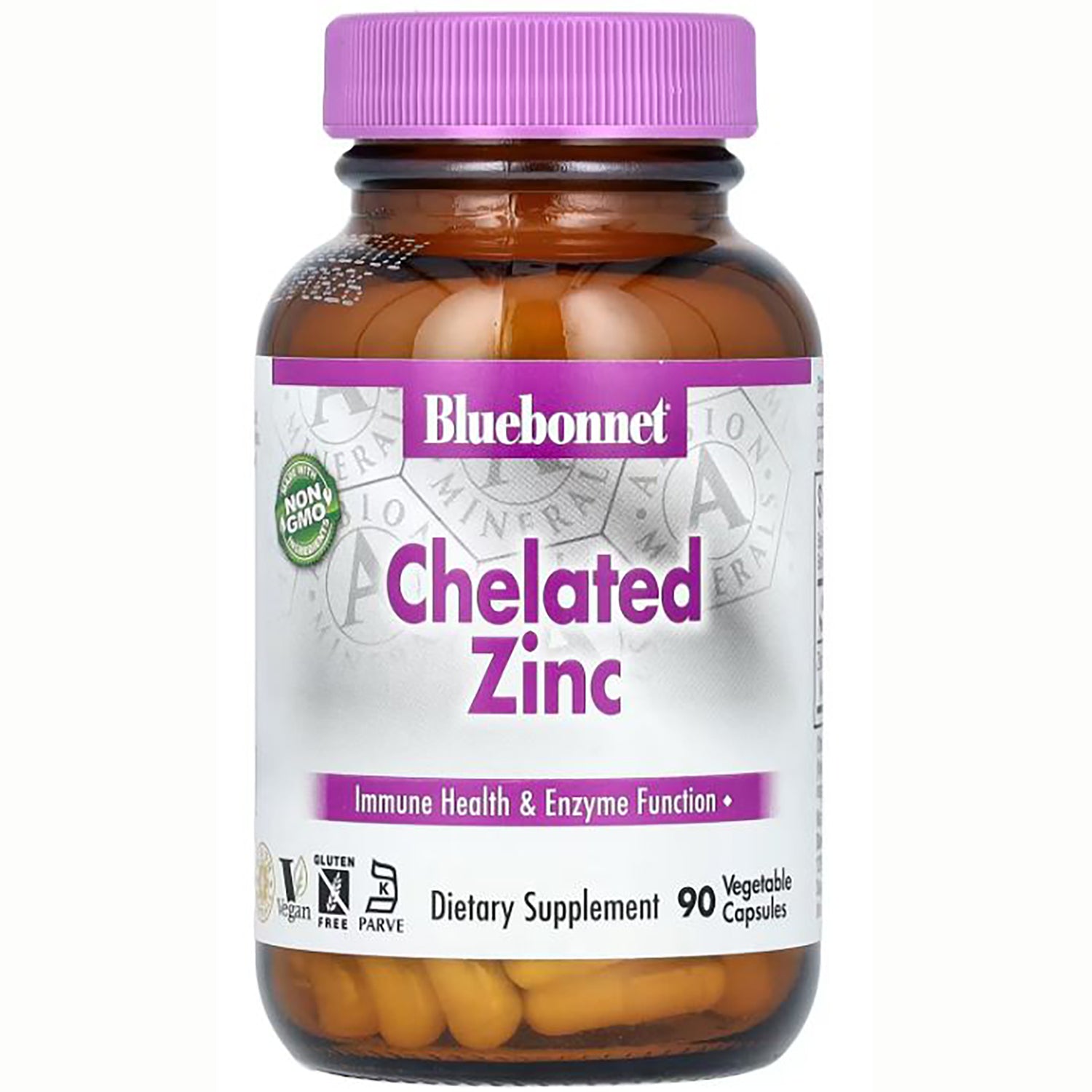 BLU069 | Bluebonnet Chelated Zinc dietary supplement bottle with purple cap, label reading 90 vegetable capsules