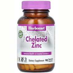 BLU069 | Bluebonnet Chelated Zinc dietary supplement bottle with purple cap, label reading 90 vegetable capsules