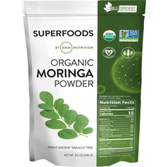 MRM051 | Superfoods organic Moringa powder pouch by MRM Nutrition with leaf illustration and nutrition facts panel