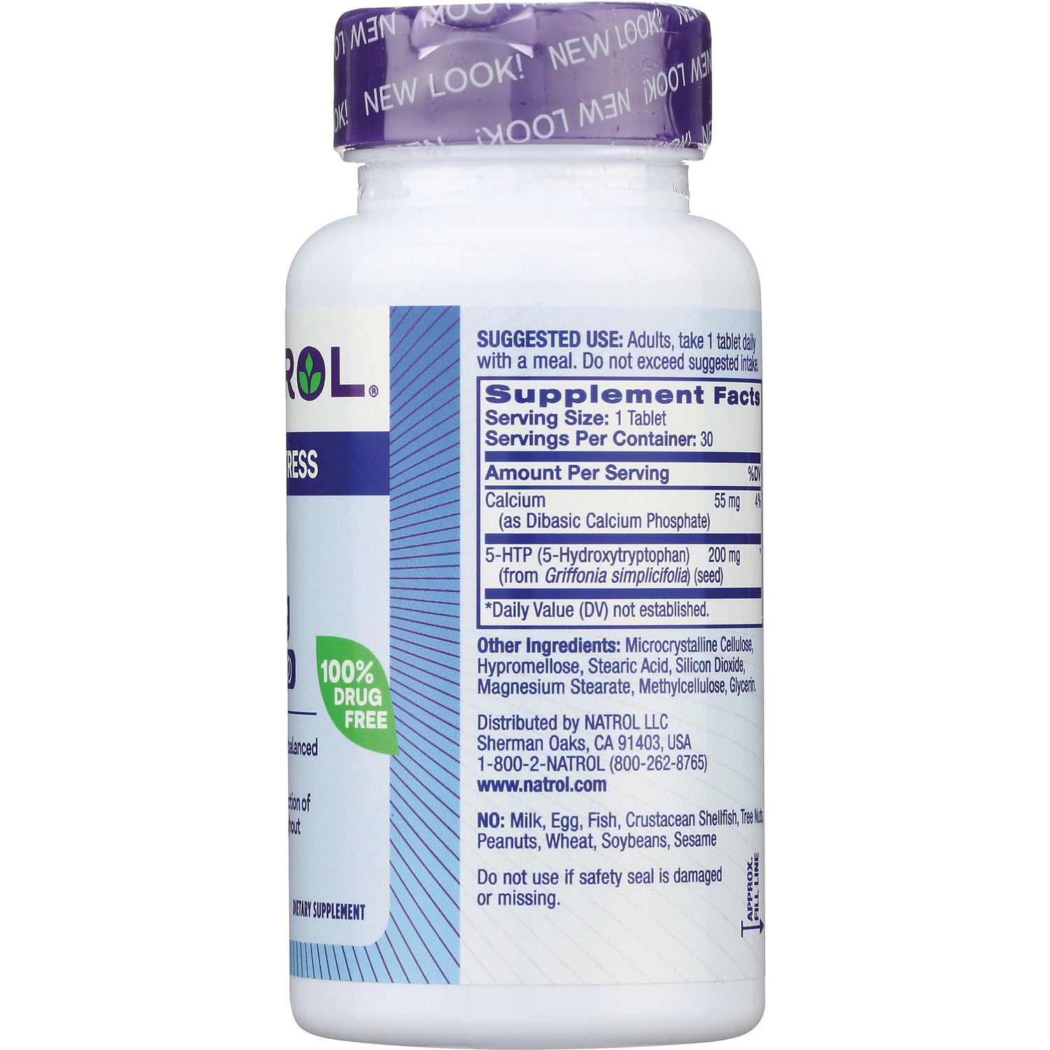 NA405 | back label with Supplement Facts showing serving size 1 tablet, 5-HTP 200 mg and other ingredients