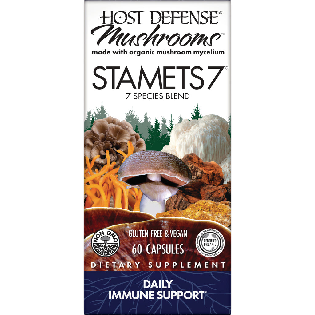 FUN005 | Host Defense Stamets7 mushroom blend box with mushrooms, label reading 60 capsules and Daily Immune Support - Thumbnail