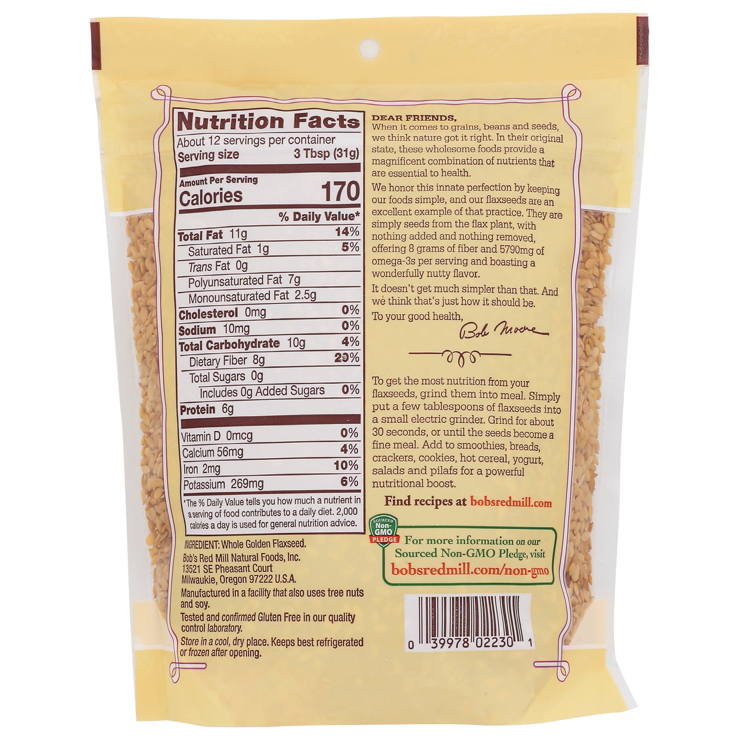 BOB255 | back of yellow bag showing nutrition facts panel, ingredient list, usage tips and barcode