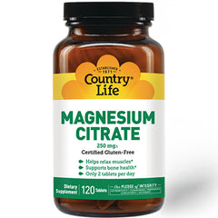 CRL347 | Country Life Magnesium Citrate 250 mg brown bottle front label, certified gluten-free, 120 tablets