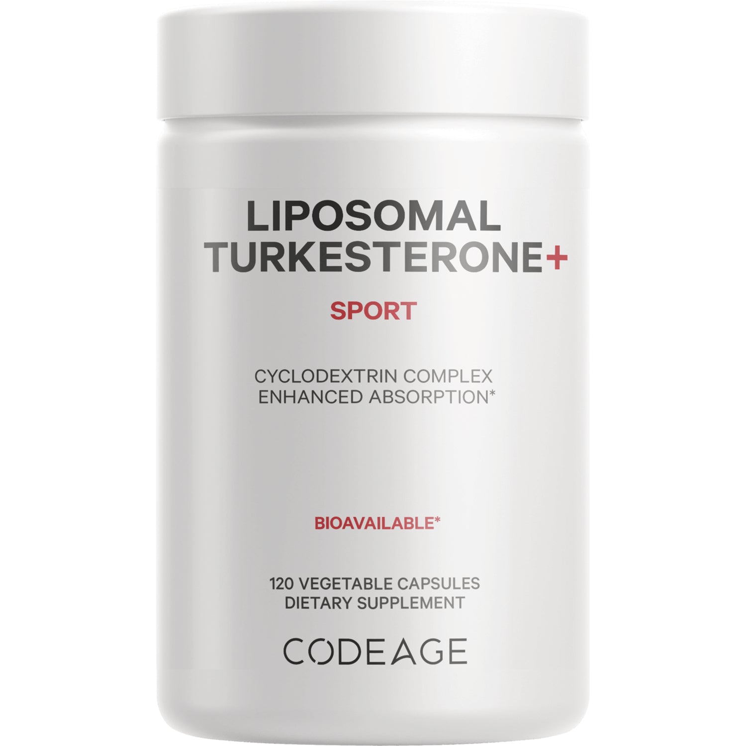 CDG008 | White bottle labeled LIPOSOMAL TURKESTERONE+ SPORT, cyclodextrin complex, 120 vegetable capsules, CODEAGE