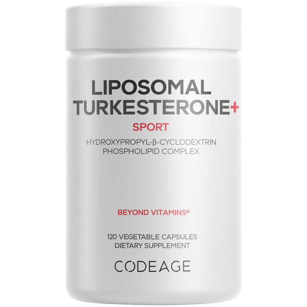 CDG008 | White bottle labeled LIPOSOMAL TURKESTERONE+ SPORT, cyclodextrin complex, 120 vegetable capsules, CODEAGE - Thumbnail
