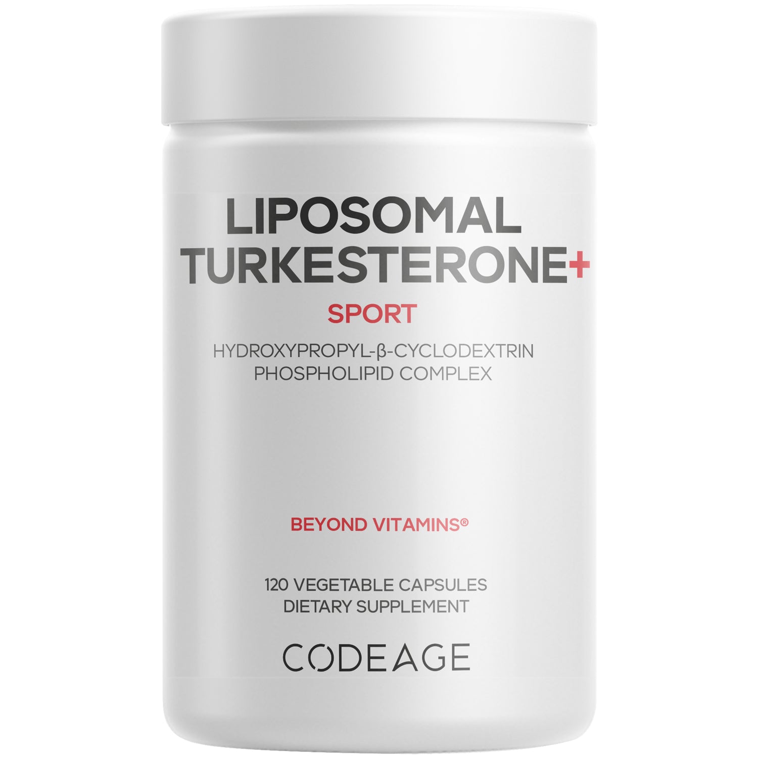 CDG008 | White bottle labeled LIPOSOMAL TURKESTERONE+ SPORT, cyclodextrin complex, 120 vegetable capsules, CODEAGE