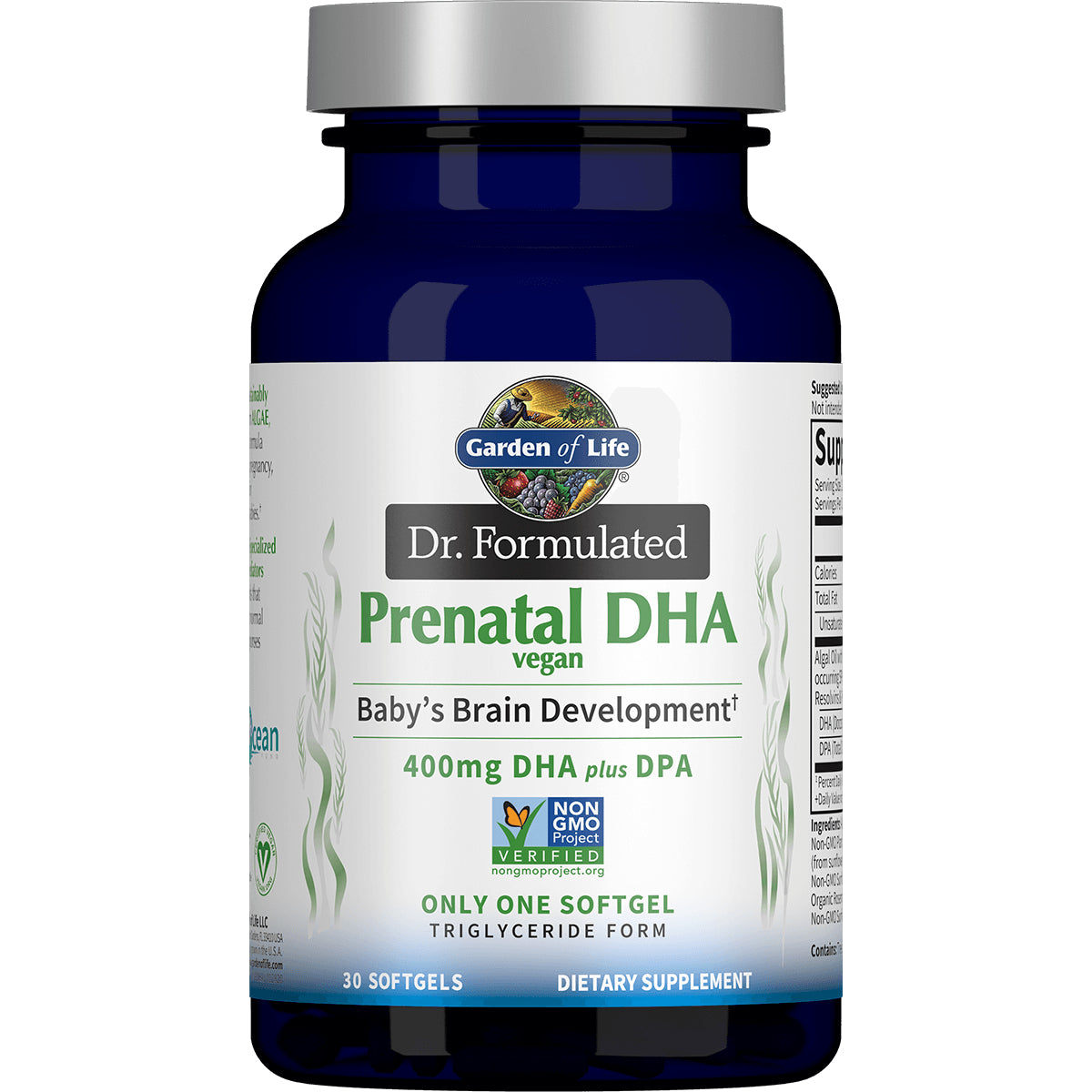 GLF319 | Garden of Life Dr. Formulated Prenatal DHA vegan bottle front label showing 400mg DHA plus DPA, 30 softgels