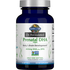 GLF319 | Garden of Life Dr. Formulated Prenatal DHA vegan bottle front label showing 400mg DHA plus DPA, 30 softgels
