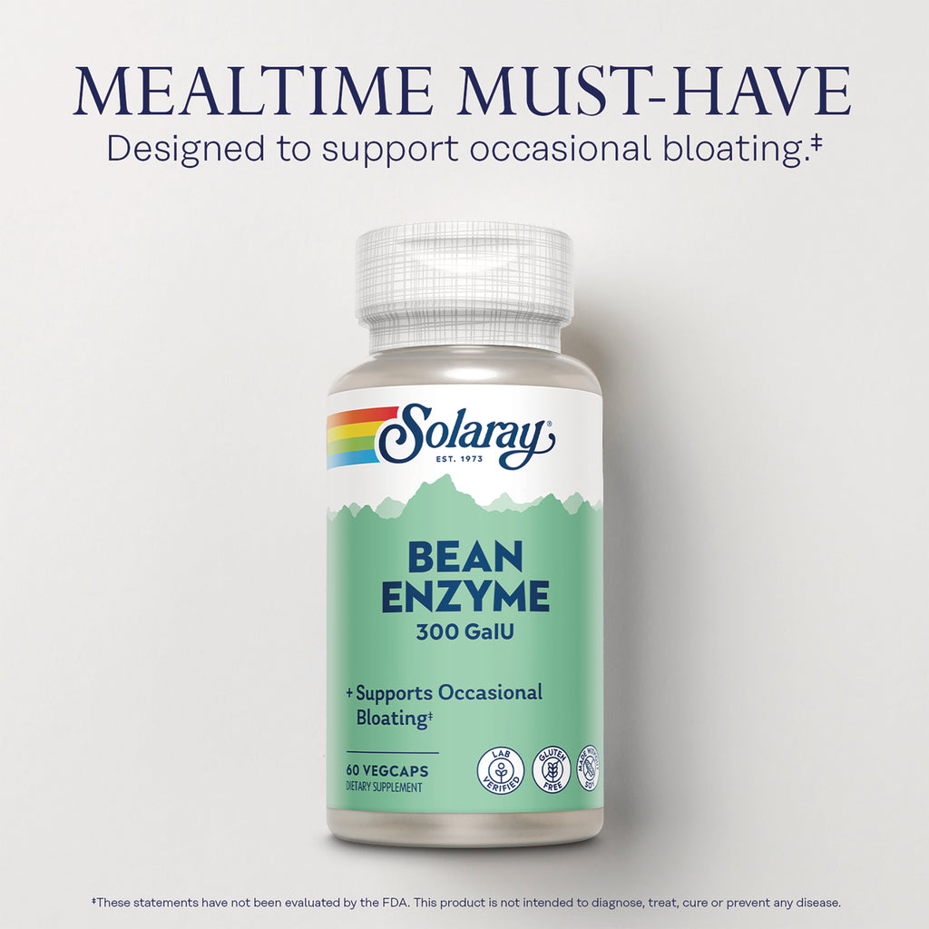 SLR527 | Solaray Bean Enzyme 300 GalU supplement bottle with green label reading BEAN ENZYME and Supports Occasional Bloating - Thumbnail