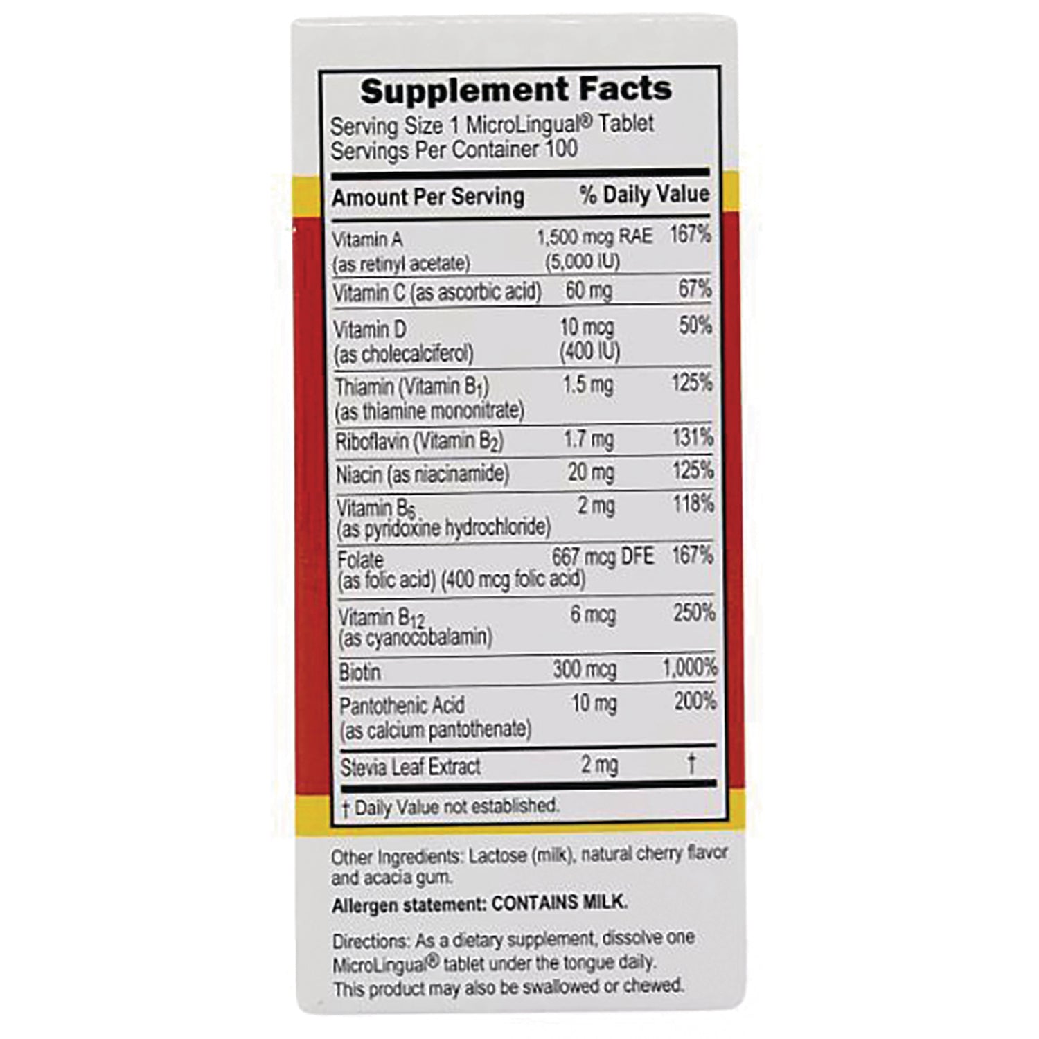 SUS022 | Back panel showing Supplement Facts, ingredients, allergen contains milk, and directions