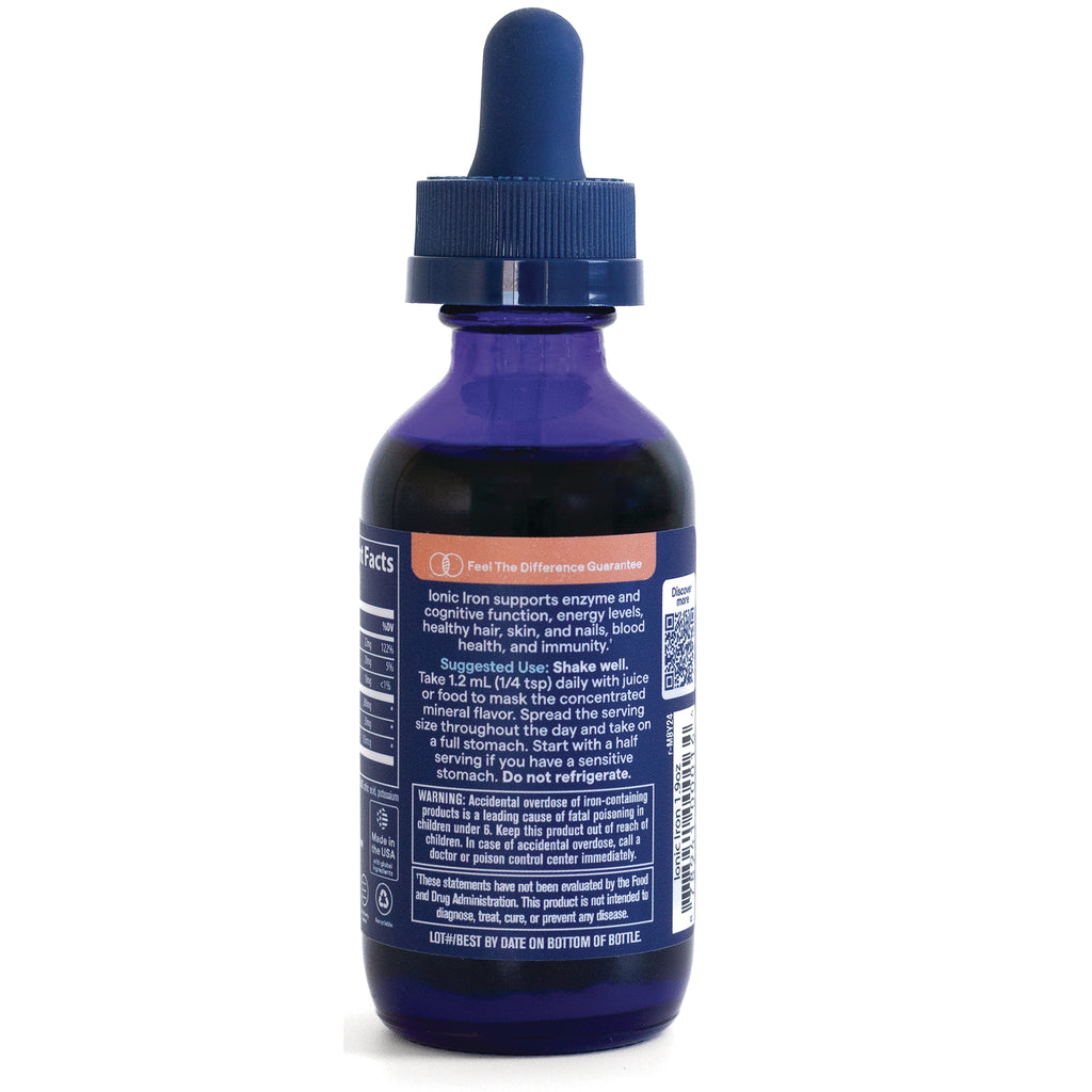 TM035 | Back label of blue dropper bottle; 'Ionic Iron' with Supplement Facts and usage directions - Thumbnail