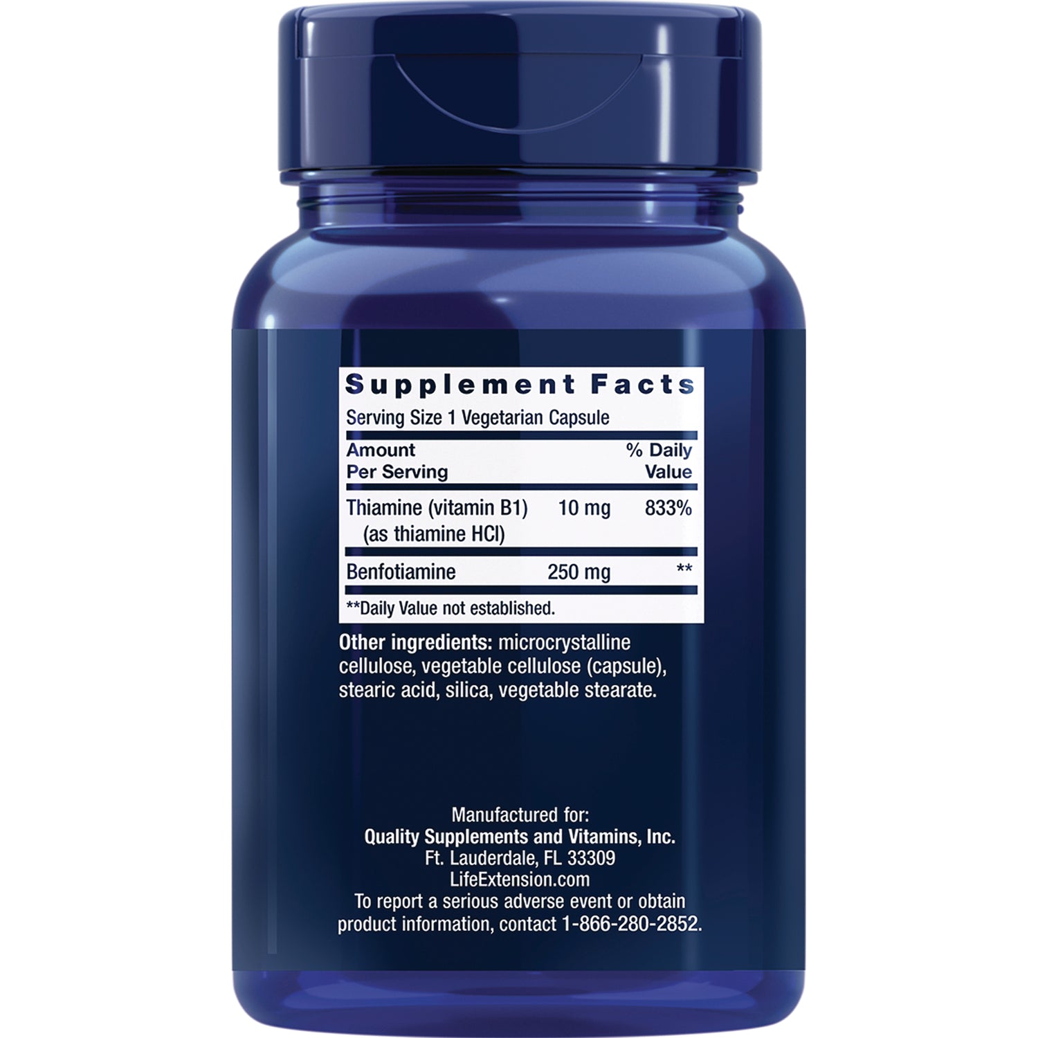 LE145 | back of blue supplement bottle showing Supplement Facts panel and ingredients label