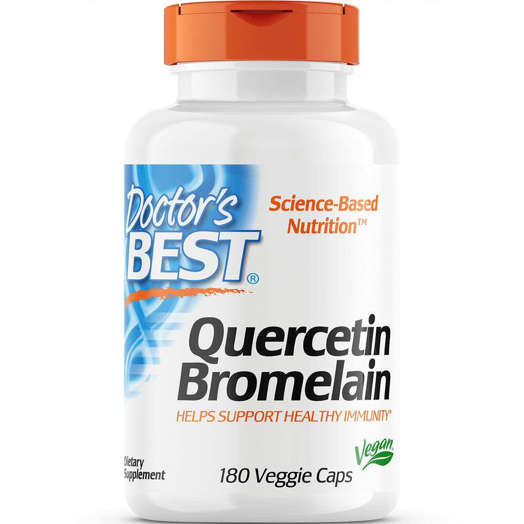 DB115 | Doctor's Best Quercetin Bromelain bottle, 180 veggie caps, white bottle with orange cap, label helps support healthy immunity - Thumbnail