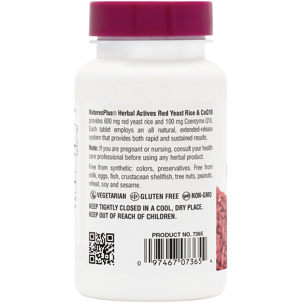 NTP310 | back label showing red yeast rice supplement details, vegetarian gluten free non-GMO icons and barcode - Thumbnail