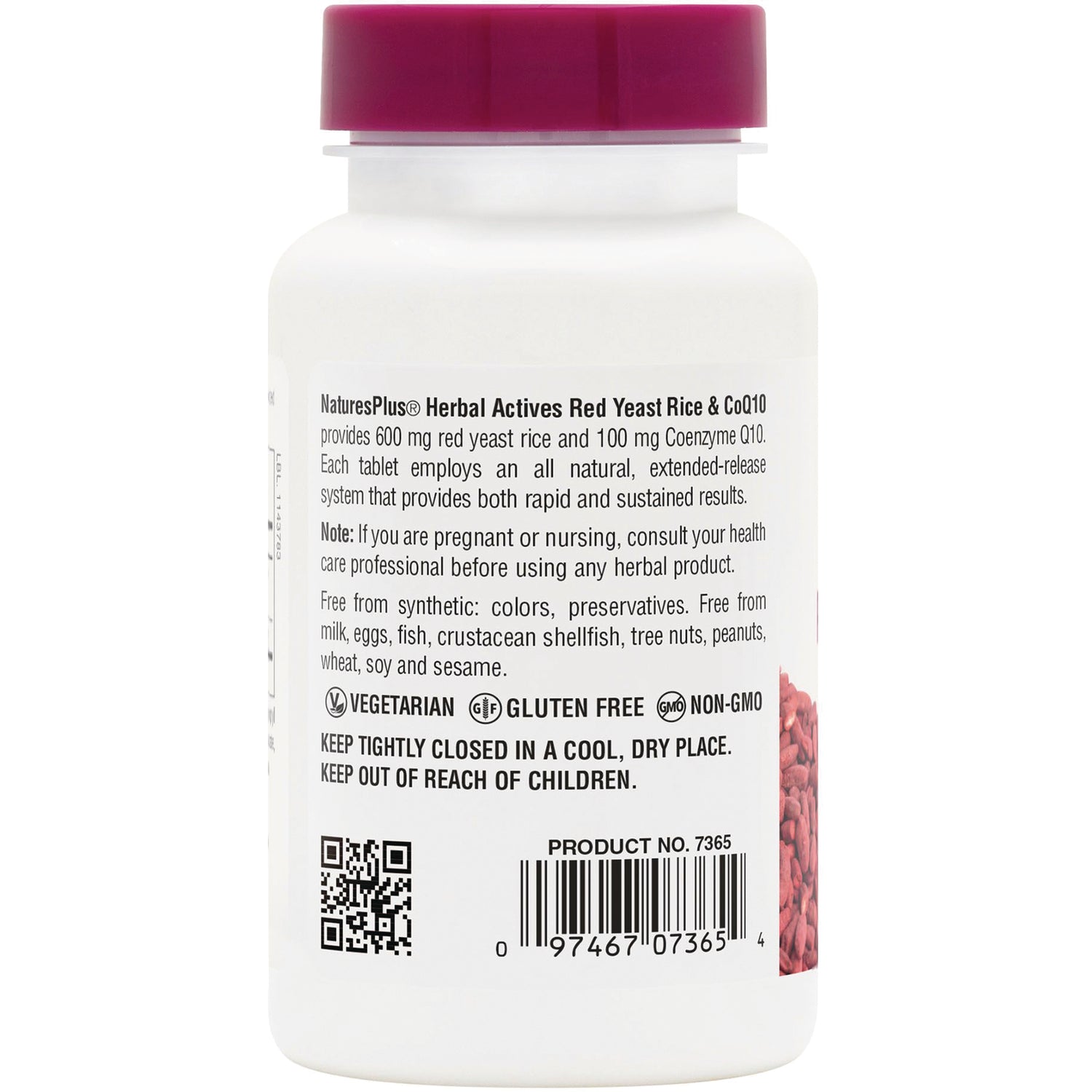 NTP310 | back label showing red yeast rice supplement details, vegetarian gluten free non-GMO icons and barcode
