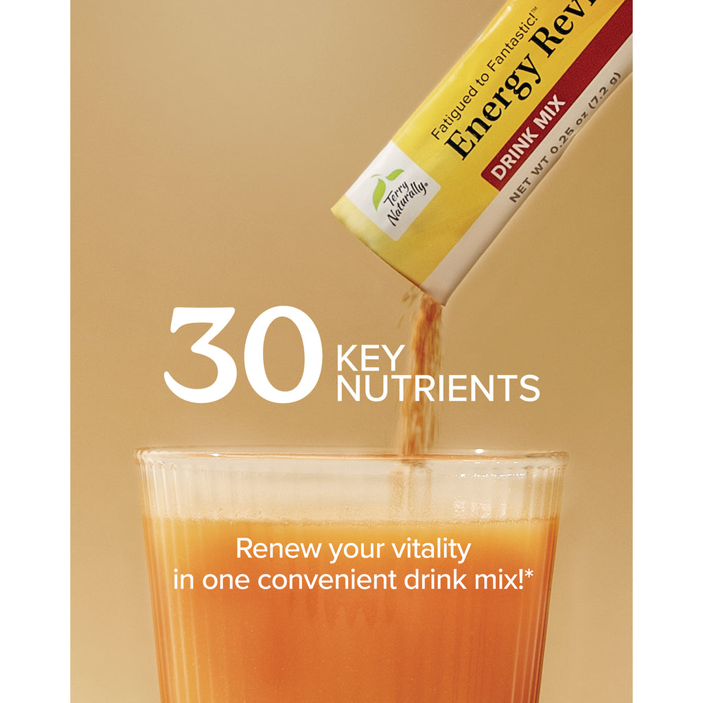 EUR076 | Terry Naturally Energy Rev drink mix pouring into a glass with 30 key nutrients - Thumbnail