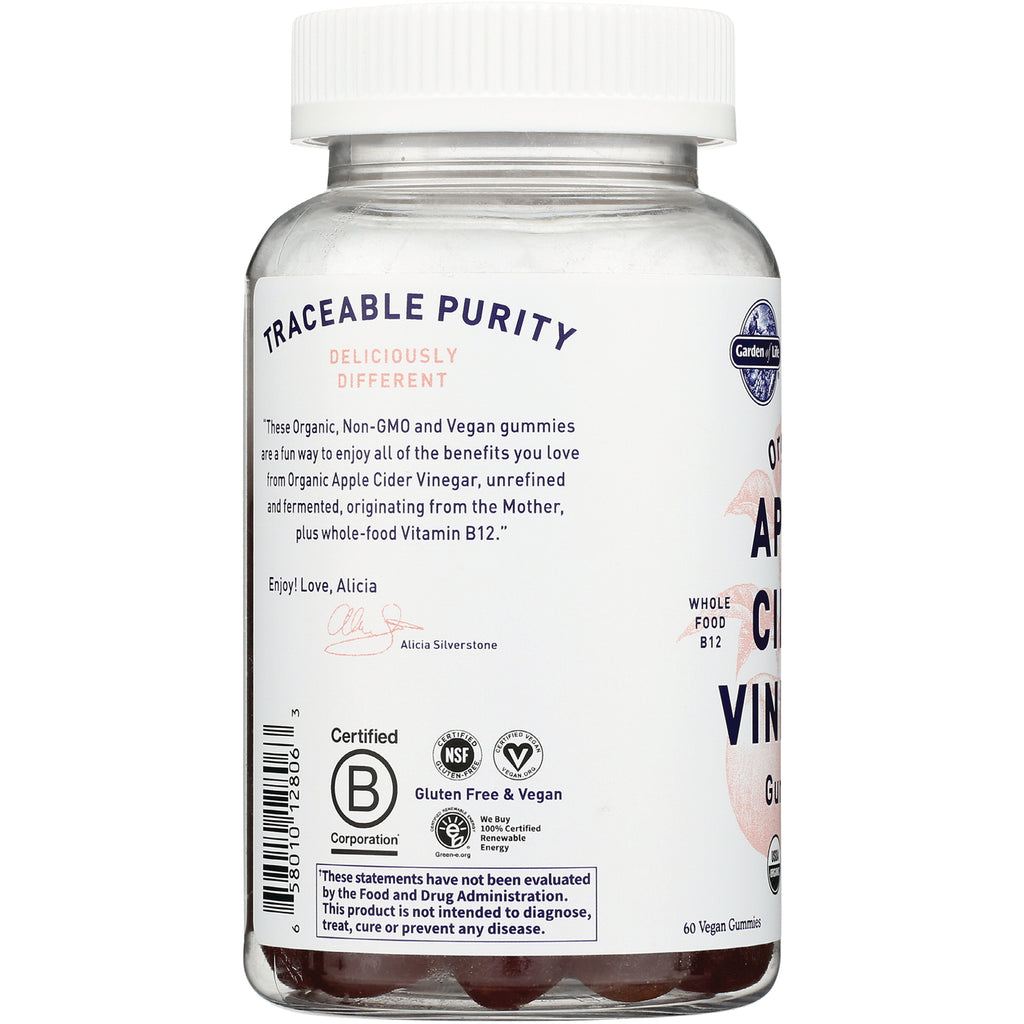 GLF343 | back label of apple cider vinegar gummy bottle showing traceable purity heading, certifications and barcode - Thumbnail