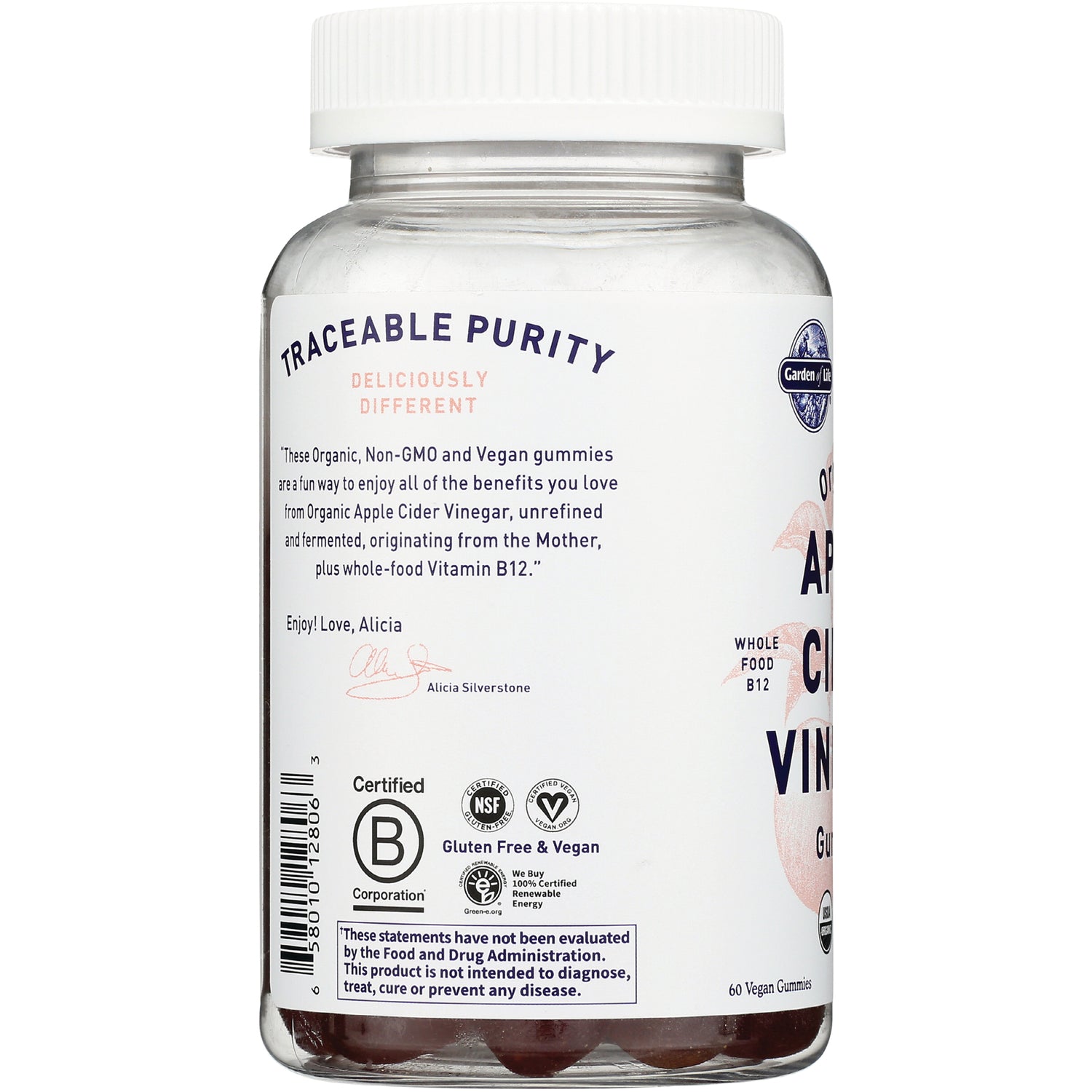 GLF343 | back label of apple cider vinegar gummy bottle showing traceable purity heading, certifications and barcode