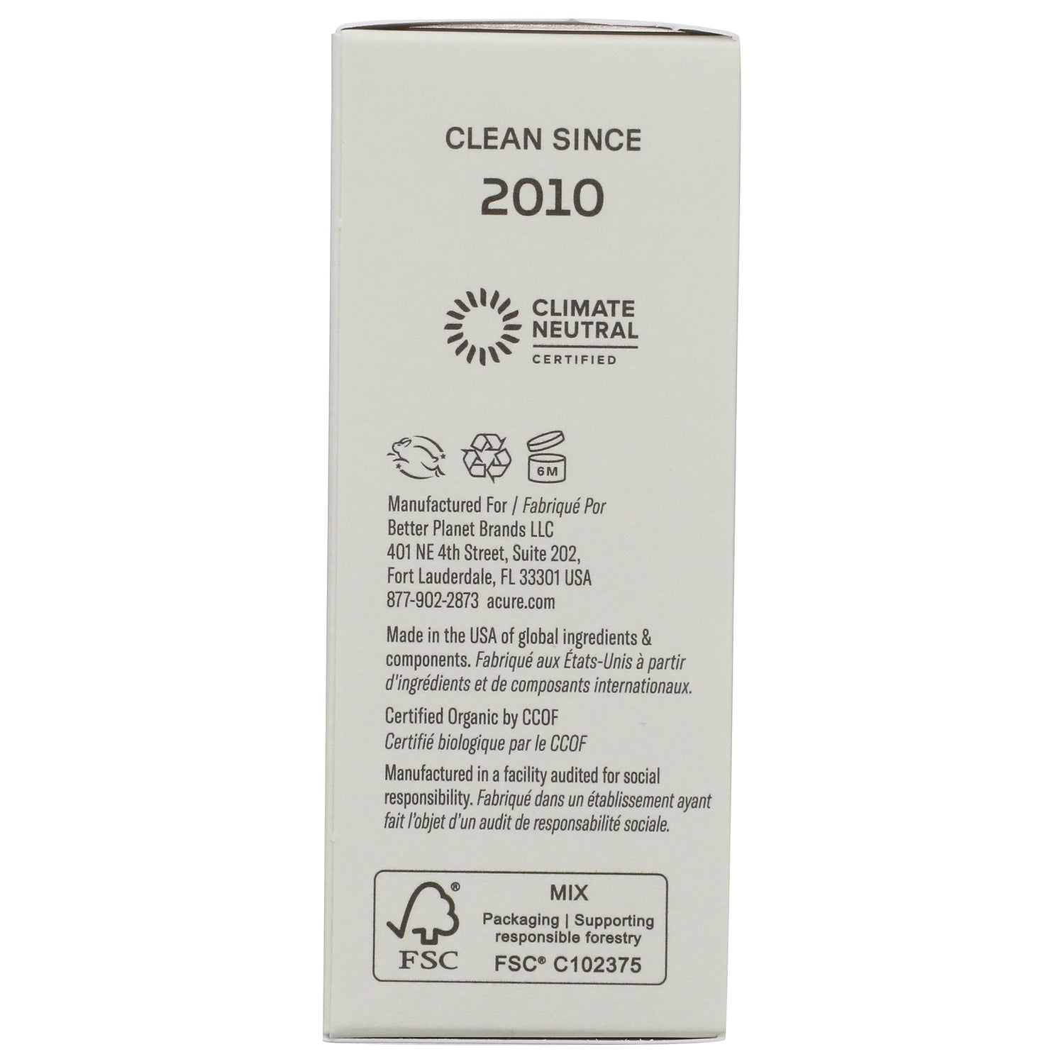 ACR001 | Clean since 2010, Climate Neutral Certified and FSC packaging icons on product box side panel